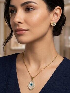 Cubic Zirconia 18 Karat Goldplated Hamsa Pendant Necklace and Earrings Set NIB